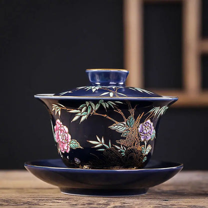 Ceramic Tea Tureen Chinese Kung Fu Tea Set Outline In Gold Sancai Gaiwan Tea Cup Tea Bowl with Lid Golden Magpie Tea Maker