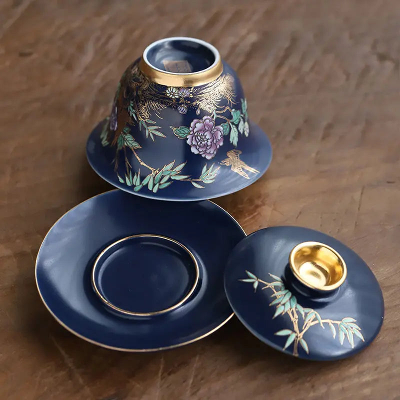 Ceramic Tea Tureen Chinese Kung Fu Tea Set Outline In Gold Sancai Gaiwan Tea Cup Tea Bowl with Lid Golden Magpie Tea Maker