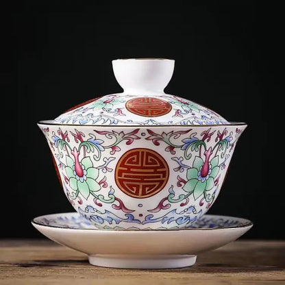 Ceramic Tea Tureen Chinese Kung Fu Tea Set Outline In Gold Sancai Gaiwan Tea Cup Tea Bowl with Lid Golden Magpie Tea Maker