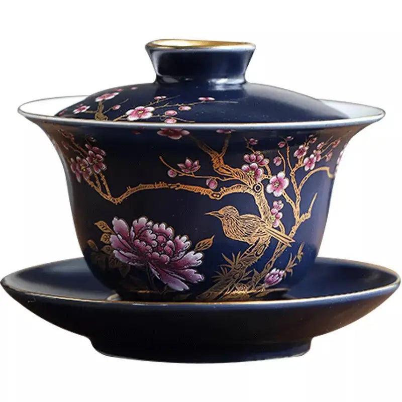 Ceramic Tea Tureen Chinese Kung Fu Tea Set Outline In Gold Sancai Gaiwan Tea Cup Tea Bowl with Lid Golden Magpie Tea Maker