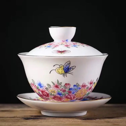 Ceramic Tea Tureen Chinese Kung Fu Tea Set Outline In Gold Sancai Gaiwan Tea Cup Tea Bowl with Lid Golden Magpie Tea Maker