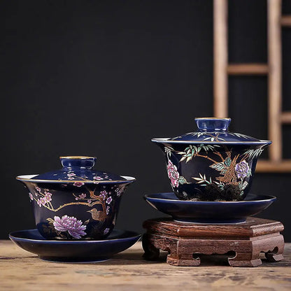 Ceramic Tea Tureen Chinese Kung Fu Tea Set Outline In Gold Sancai Gaiwan Tea Cup Tea Bowl with Lid Golden Magpie Tea Maker