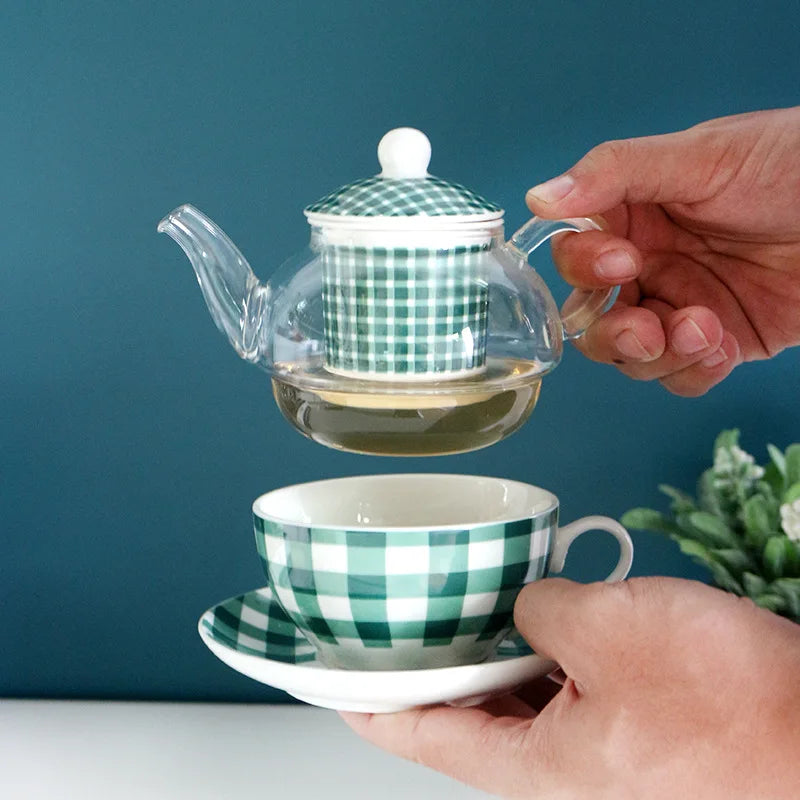 Ceramic Tea for One Set Checkered Design Glass Teapot Fine Bone China Saucer Teacup Tea Stainer Infuser Teaware with Gift Box