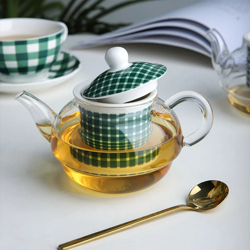 Ceramic Tea for One Set Checkered Design Glass Teapot Fine Bone China Saucer Teacup Tea Stainer Infuser Teaware with Gift Box