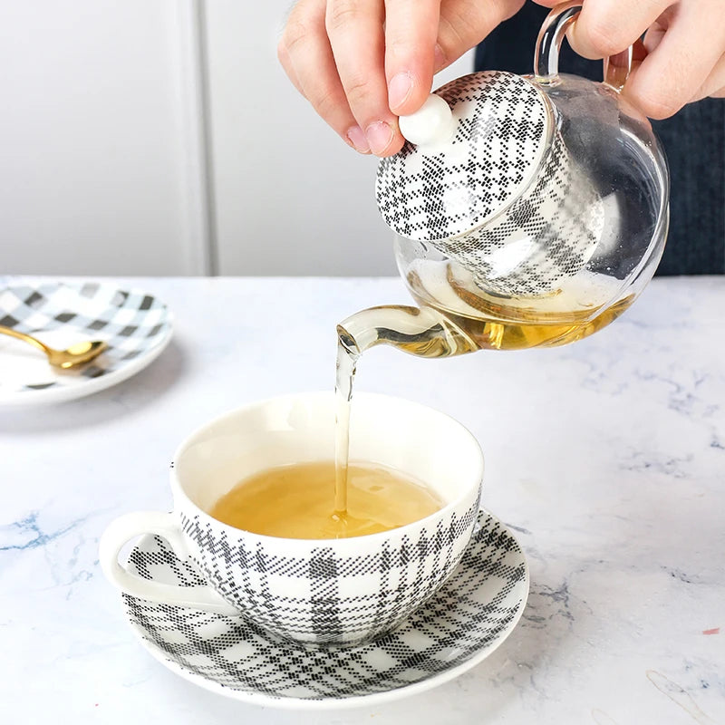 Ceramic Tea for One Set Checkered Design Glass Teapot Fine Bone China Saucer Teacup Tea Stainer Infuser Teaware with Gift Box