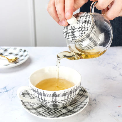 Ceramic Tea for One Set Checkered Design Glass Teapot Fine Bone China Saucer Teacup Tea Stainer Infuser Teaware with Gift Box
