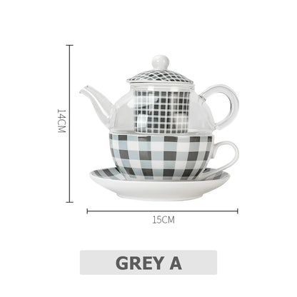 Ceramic Tea for One Set Checkered Design Glass Teapot Fine Bone China Saucer Teacup Tea Stainer Infuser Teaware with Gift Box