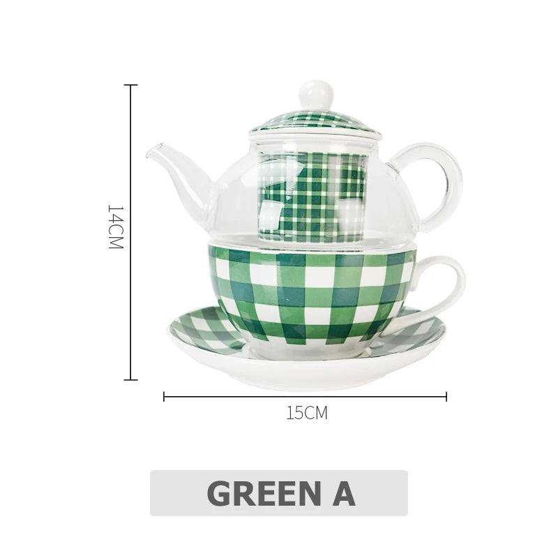 Ceramic Tea for One Set Checkered Design Glass Teapot Fine Bone China Saucer Teacup Tea Stainer Infuser Teaware with Gift Box