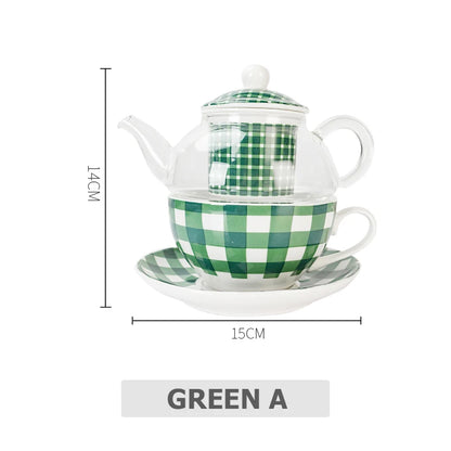 Ceramic Tea for One Set Checkered Design Glass Teapot Fine Bone China Saucer Teacup Tea Stainer Infuser Teaware with Gift Box