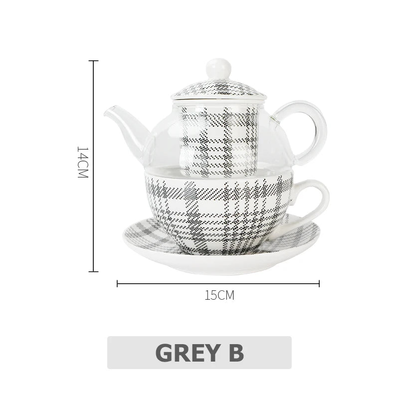 Ceramic Tea for One Set Checkered Design Glass Teapot Fine Bone China Saucer Teacup Tea Stainer Infuser Teaware with Gift Box