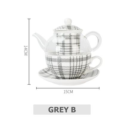 Ceramic Tea for One Set Checkered Design Glass Teapot Fine Bone China Saucer Teacup Tea Stainer Infuser Teaware with Gift Box