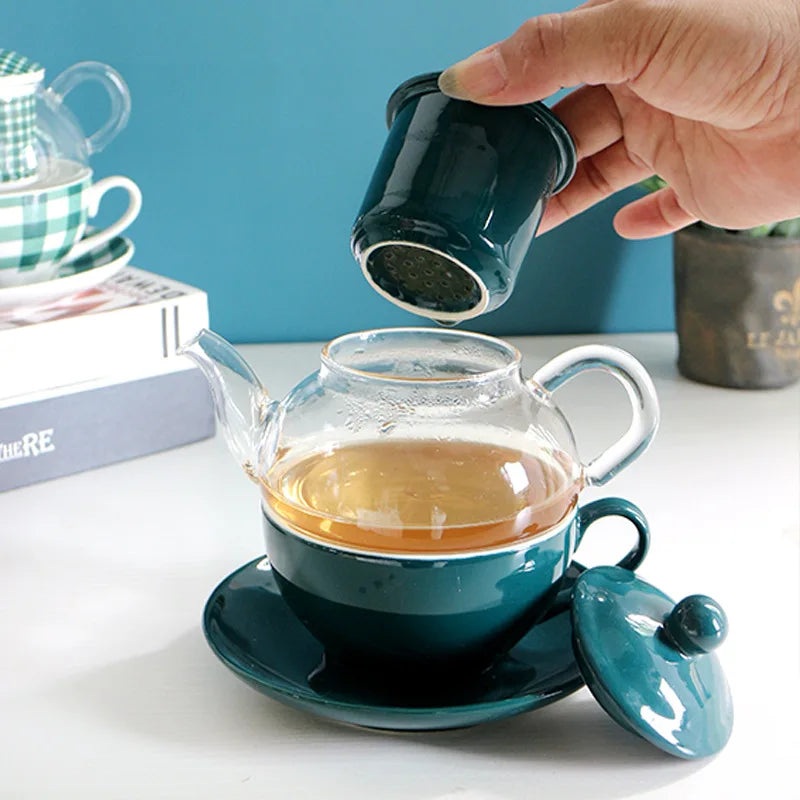 Ceramic Tea for One Set Checkered Design Glass Teapot Fine Bone China Saucer Teacup Tea Stainer Infuser Teaware with Gift Box