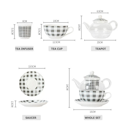 Ceramic Tea for One Set Checkered Design Glass Teapot Fine Bone China Saucer Teacup Tea Stainer Infuser Teaware with Gift Box