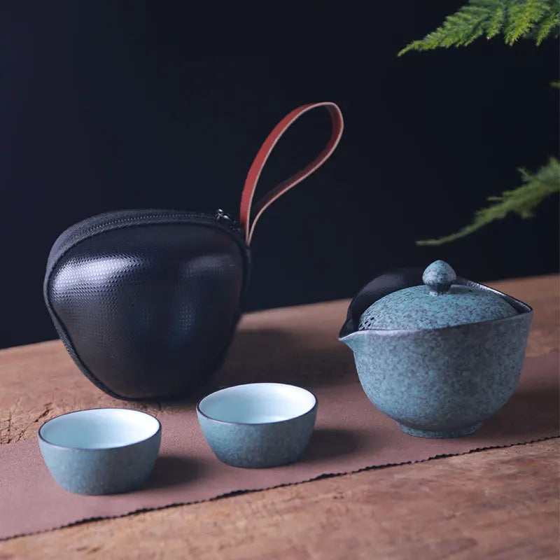 Ceramic Teapot Gaiwan with 2 Cups A Tea Sets Portable Travel Tea Set with Travel Bag