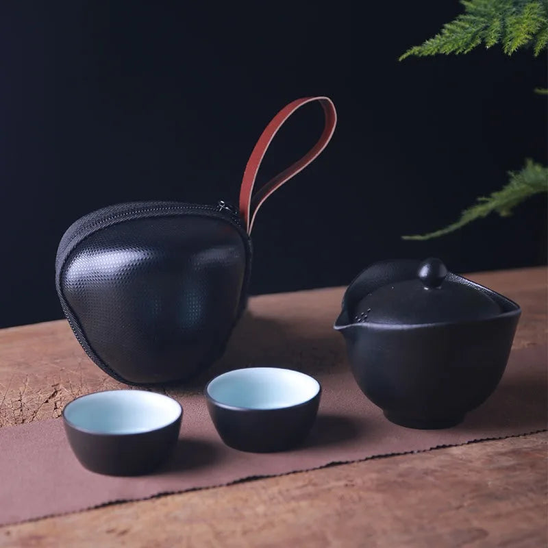 Ceramic Teapot Gaiwan with 2 Cups A Tea Sets Portable Travel Tea Set with Travel Bag