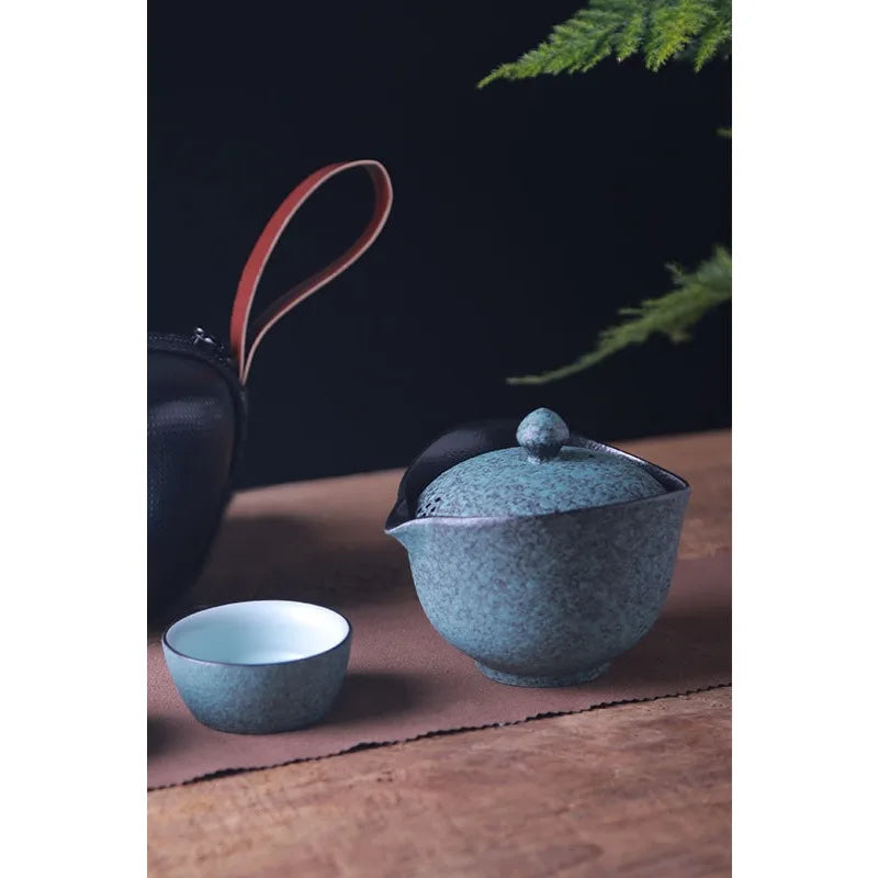 Ceramic Teapot Gaiwan with 2 Cups A Tea Sets Portable Travel Tea Set with Travel Bag