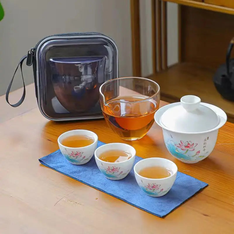 Ceramic Teapot Gaiwan with 3 Cups A Tea Sets Home Office Portable Travel Tea Set Drinking Utensil
