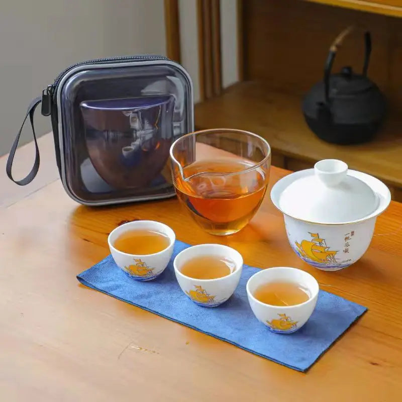 Ceramic Teapot Gaiwan with 3 Cups A Tea Sets Home Office Portable Travel Tea Set Drinking Utensil