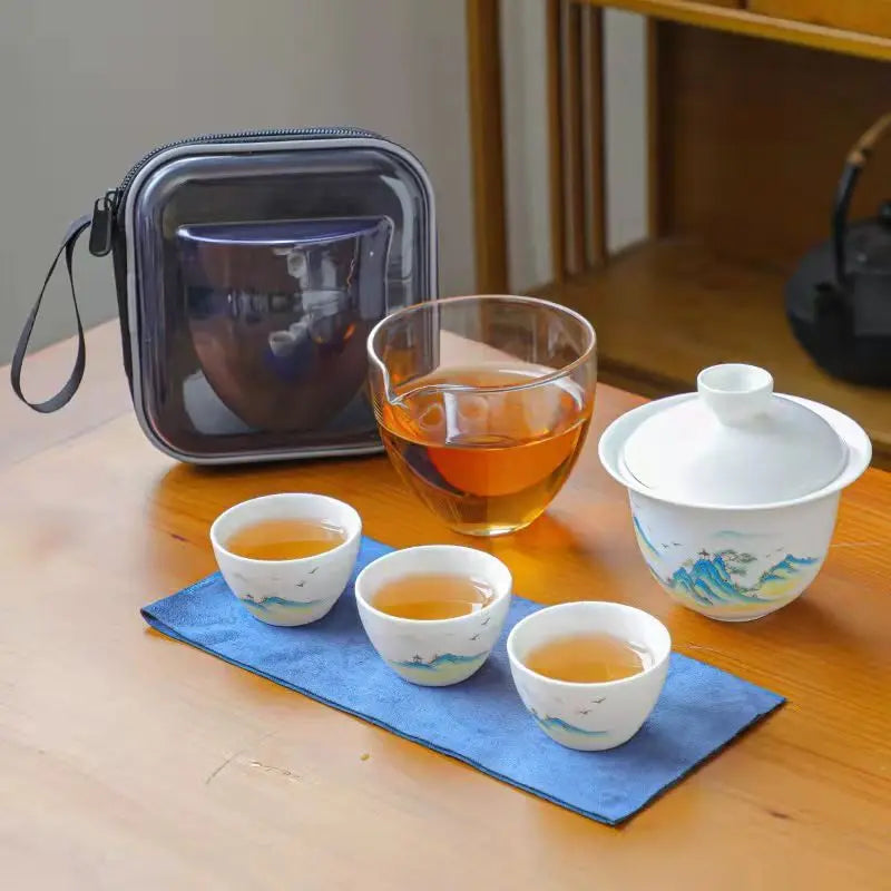 Ceramic Teapot Gaiwan with 3 Cups A Tea Sets Home Office Portable Travel Tea Set Drinking Utensil