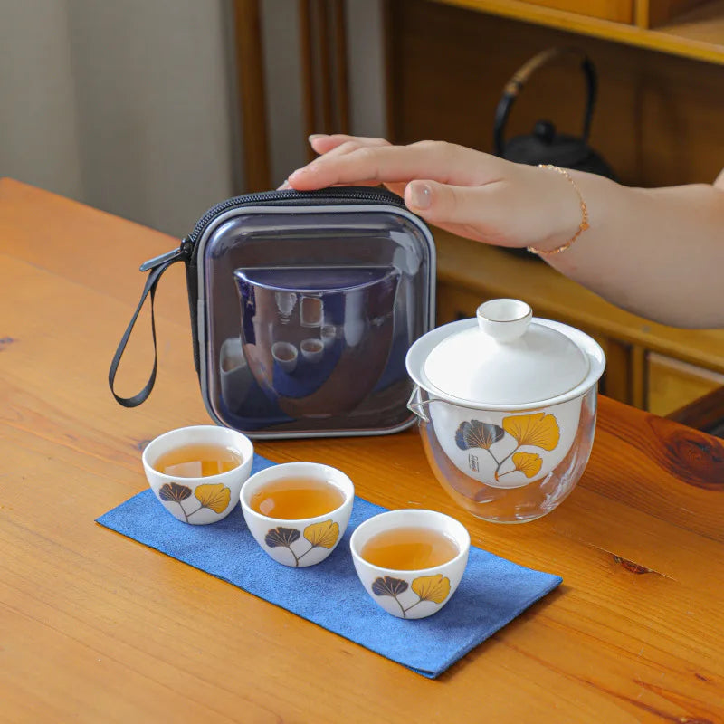 Ceramic Teapot Gaiwan with 3 Cups A Tea Sets Home Office Portable Travel Tea Set Drinking Utensil