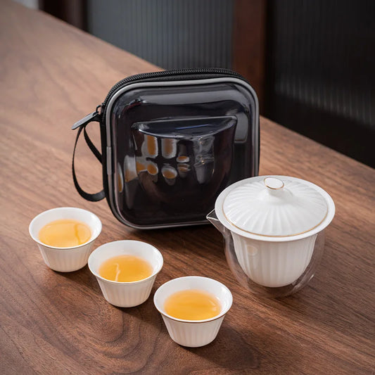 Ceramic Teapot Gaiwan with 3 Cups Portable Travel Home Office Drinking Tea Set with Travel Bag