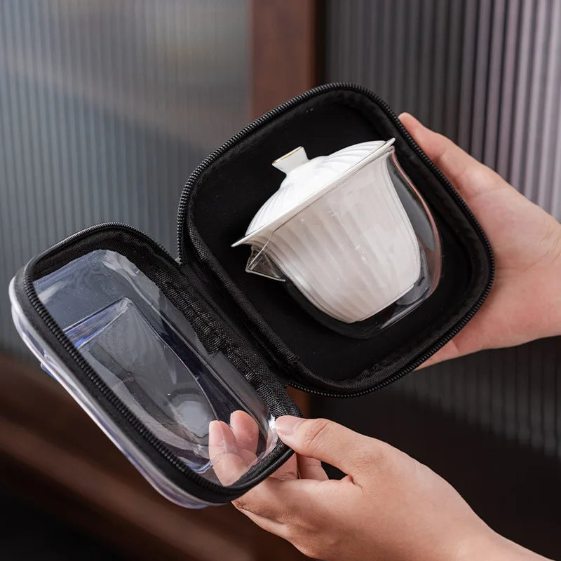 Ceramic Teapot Gaiwan with 3 Cups Portable Travel Home Office Drinking Tea Set with Travel Bag