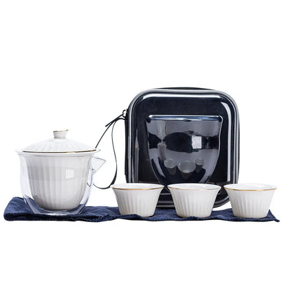 Ceramic Teapot Gaiwan with 3 Cups Portable Travel Home Office Drinking Tea Set with Travel Bag