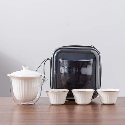 Ceramic Teapot Gaiwan with 3 Cups Portable Travel Home Office Drinking Tea Set with Travel Bag