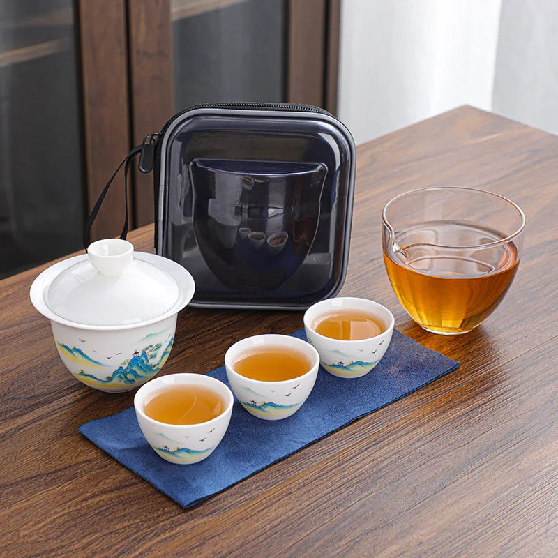 Ceramic Teapot Gaiwan with 3 Cups a Tea Sets Home Office Portable Travel Tea Set Drinking Utensil