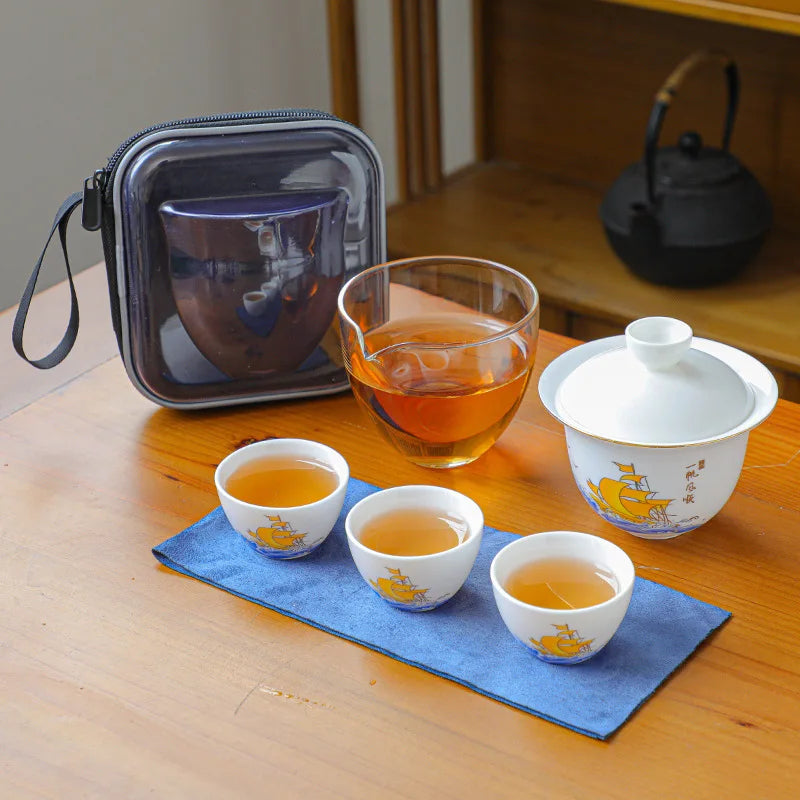 Ceramic Teapot Gaiwan with 3 Cups a Tea Sets Home Office Portable Travel Tea Set Drinking Utensil