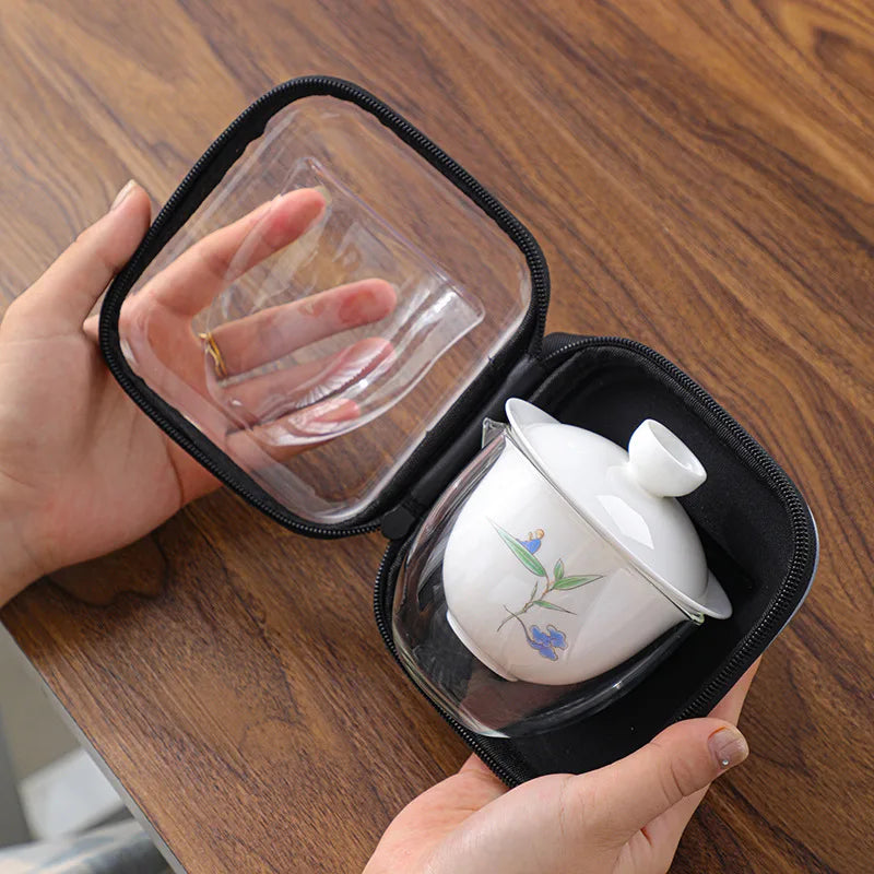 Ceramic Teapot Gaiwan with 3 Cups a Tea Sets Home Office Portable Travel Tea Set Drinking Utensil
