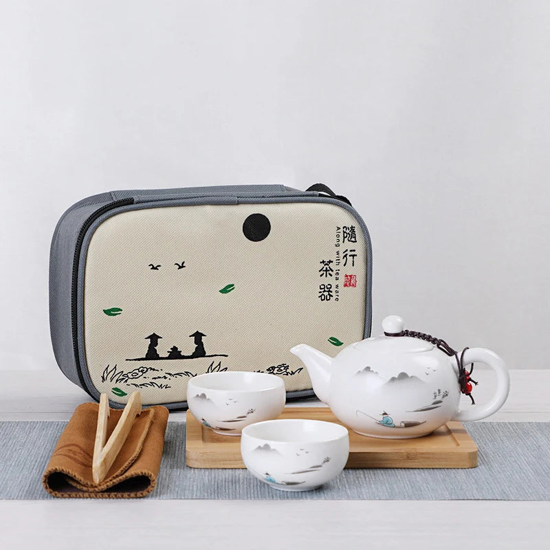 Ceramic Teapot One Pot Four Cup Outdoor Travel Kung Fu Teapot Tote Bag Travel Cup Set Tcup Gift Tea Set Chinese Tea Set