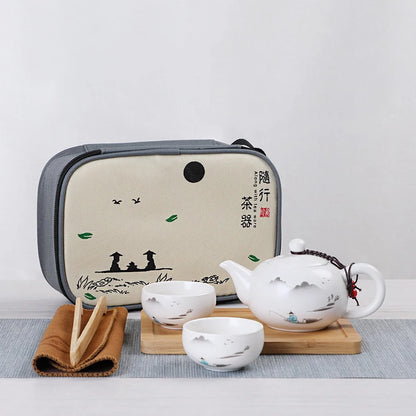 Ceramic Teapot One Pot Four Cup Outdoor Travel Kung Fu Teapot Tote Bag Travel Cup Set Tcup Gift Tea Set Chinese Tea Set