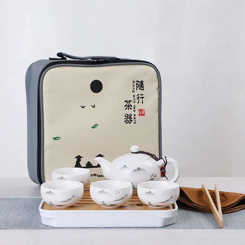 Ceramic Teapot One Pot Four Cup Outdoor Travel Kung Fu Teapot Tote Bag Travel Cup Set Tcup Gift Tea Set Chinese Tea Set