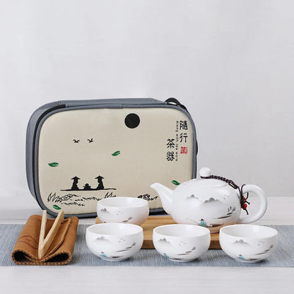 Ceramic Teapot One Pot Four Cup Outdoor Travel Kung Fu Teapot Tote Bag Travel Cup Set Tcup Gift Tea Set Chinese Tea Set