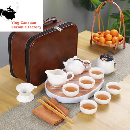 Ceramic Teapot One Pot Six Cup Outdoor Travel Tea Pot and Cup Set Tote Bag Chinese Tea Set Business Gift Home Porcelain Teaware