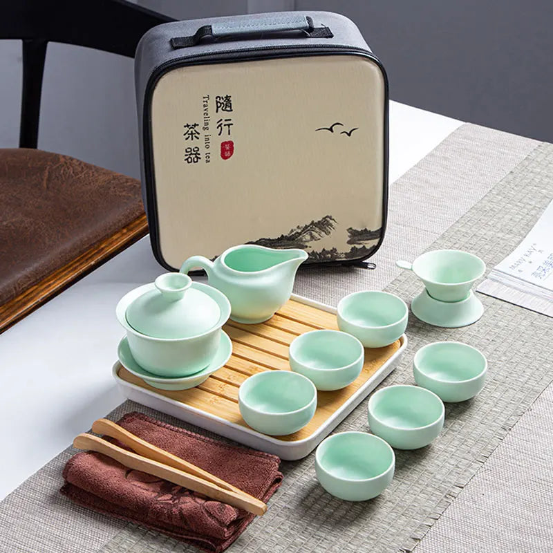 Ceramic Teapot One Pot Six Cup Outdoor Travel Tea Pot and Cup Set Tote Bag Chinese Tea Set Business Gift Home Porcelain Teaware