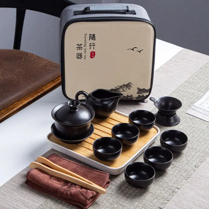 Ceramic Teapot One Pot Six Cup Outdoor Travel Tea Pot and Cup Set Tote Bag Chinese Tea Set Business Gift Home Porcelain Teaware