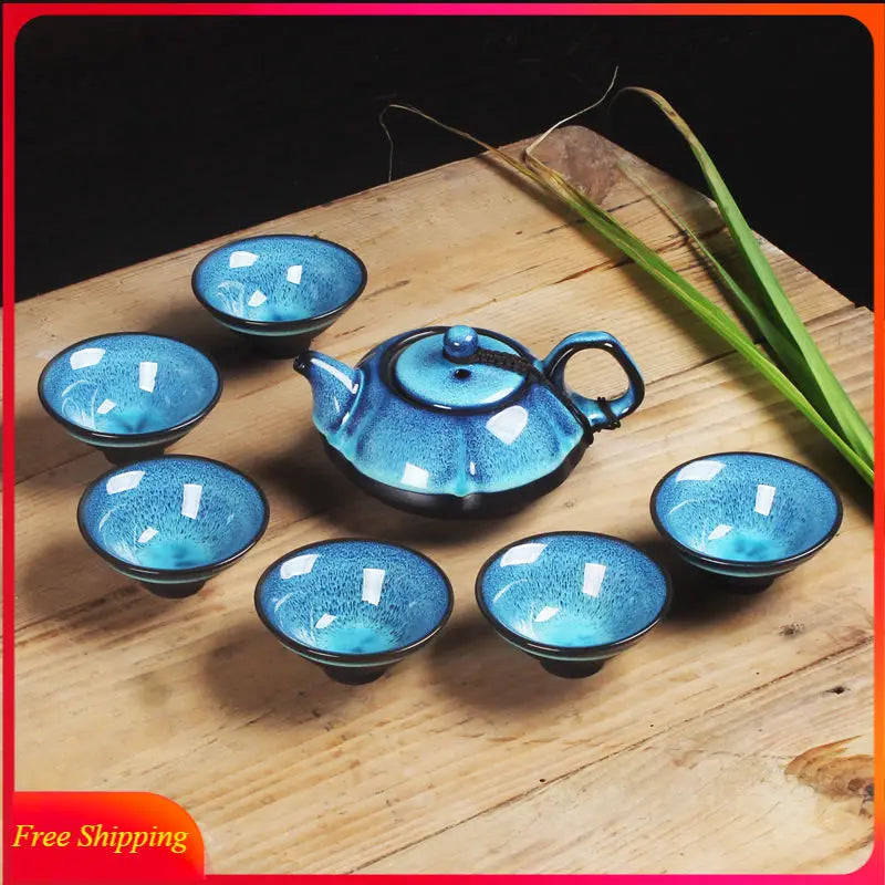 Ceramic Teapot Set Gaiwan Tea Cups of Tea Ceremony Teacup Fine Gift Kung Fu Tea Set Blue Amber Glaze Lid Bowl Kiln Turned Teapot