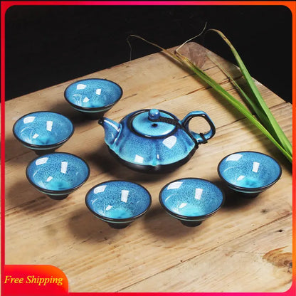 Ceramic Teapot Set Gaiwan Tea Cups of Tea Ceremony Teacup Fine Gift Kung Fu Tea Set Blue Amber Glaze Lid Bowl Kiln Turned Teapot