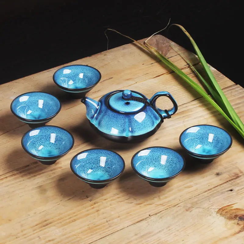 Ceramic Teapot Set Gaiwan Tea Cups of Tea Ceremony Teacup Fine Gift Kung Fu Tea Set Blue Amber Glaze Lid Bowl Kiln Turned Teapot