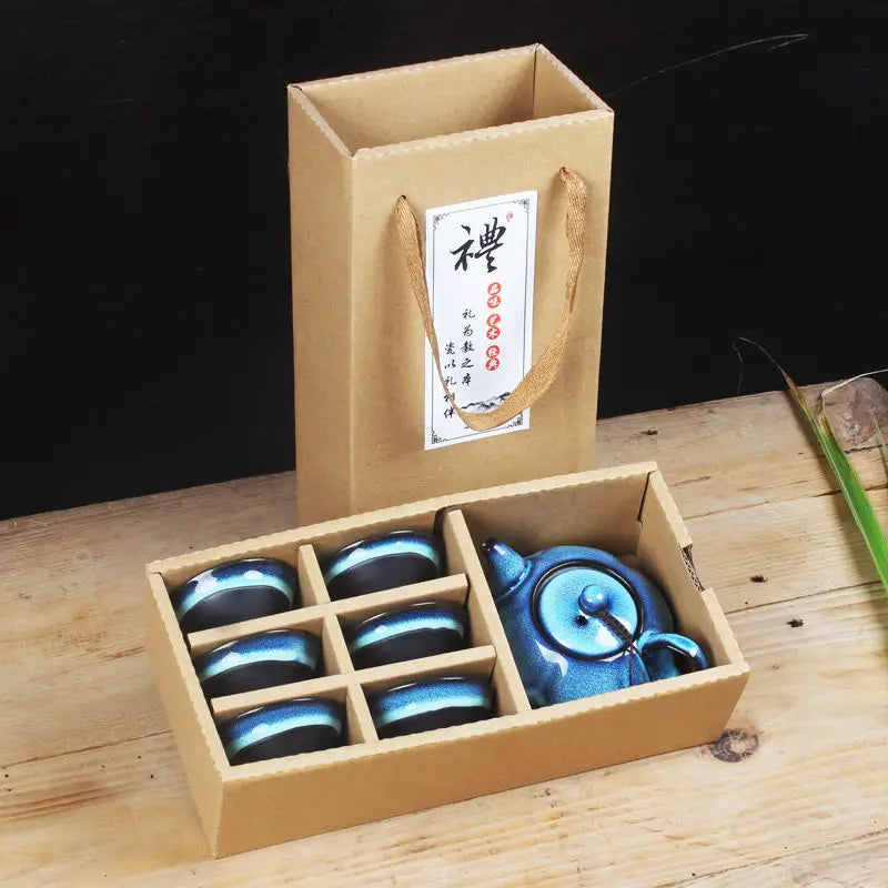 Ceramic Teapot Set Gaiwan Tea Cups of Tea Ceremony Teacup Fine Gift Kung Fu Tea Set Blue Amber Glaze Lid Bowl Kiln Turned Teapot