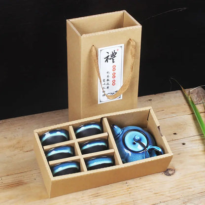 Ceramic Teapot Set Gaiwan Tea Cups of Tea Ceremony Teacup Fine Gift Kung Fu Tea Set Blue Amber Glaze Lid Bowl Kiln Turned Teapot
