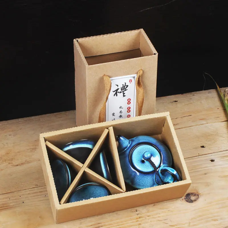 Ceramic Teapot Set Gaiwan Tea Cups of Tea Ceremony Teacup Fine Gift Kung Fu Tea Set Blue Amber Glaze Lid Bowl Kiln Turned Teapot