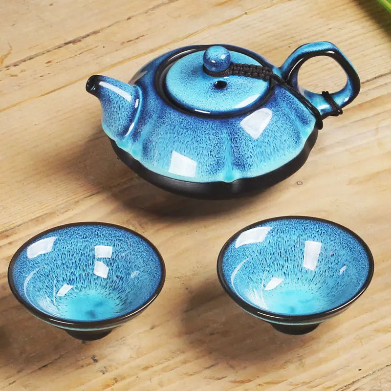 Ceramic Teapot Set Gaiwan Tea Cups of Tea Ceremony Teacup Fine Gift Kung Fu Tea Set Blue Amber Glaze Lid Bowl Kiln Turned Teapot