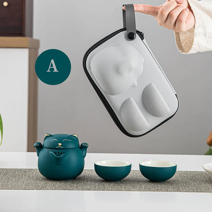 Ceramic Teapot with 2 Cups Cute Cat Portable Travel Tea Sets