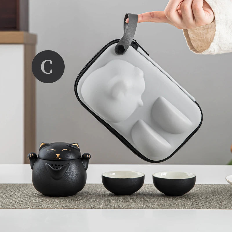 Ceramic Teapot with 2 Cups Cute Cat Portable Travel Tea Sets
