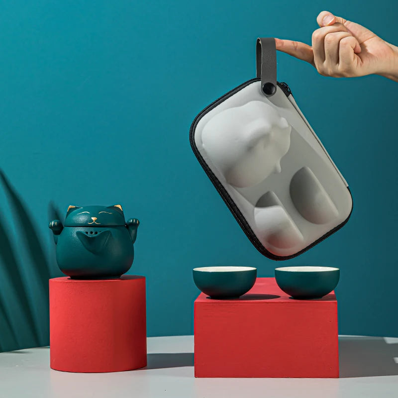 Ceramic Teapot with 2 Cups Cute Cat Portable Travel Tea Sets