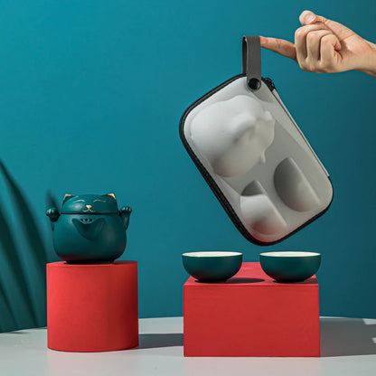 Ceramic Teapot with 2 Cups Cute Cat Portable Travel Tea Sets