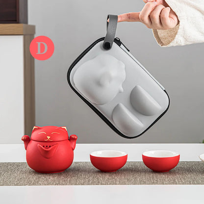 Ceramic Teapot with 2 Cups Cute Cat Portable Travel Tea Sets